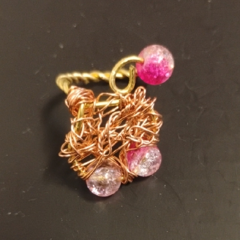 Handmade Elegant Pink and Brass/Copper Wire Wrapped Ring